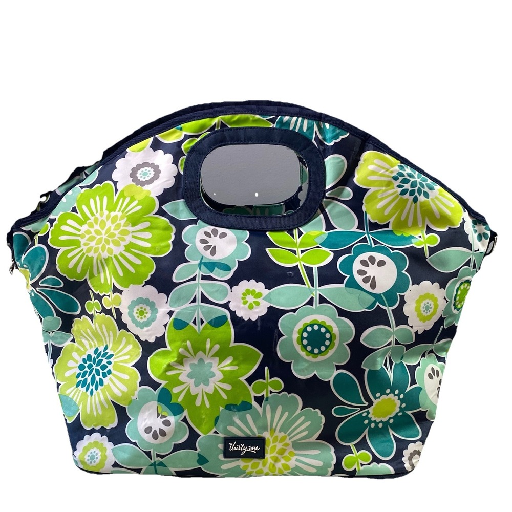 Thirty One Thermal Tote Floral Lunch picnic Bag‎ Cooler Blue/Green Sz.15x21x10"